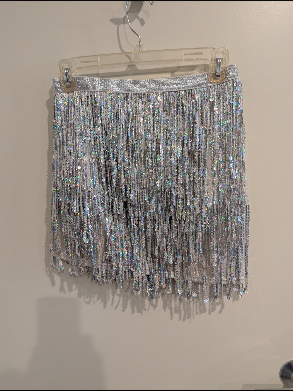Silver Sequin Fringe Mini Skirt